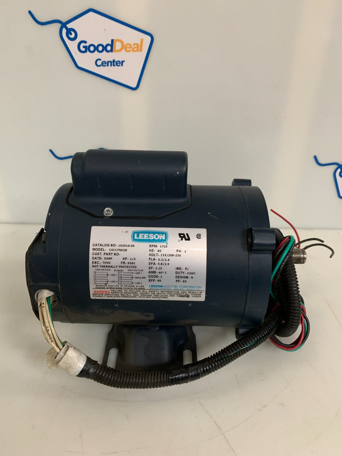LEESON GENERAL PURPOSE MOTOR 1/3 HP 1725 RPM MODEL C4C17NK2B #CAT 102910.00