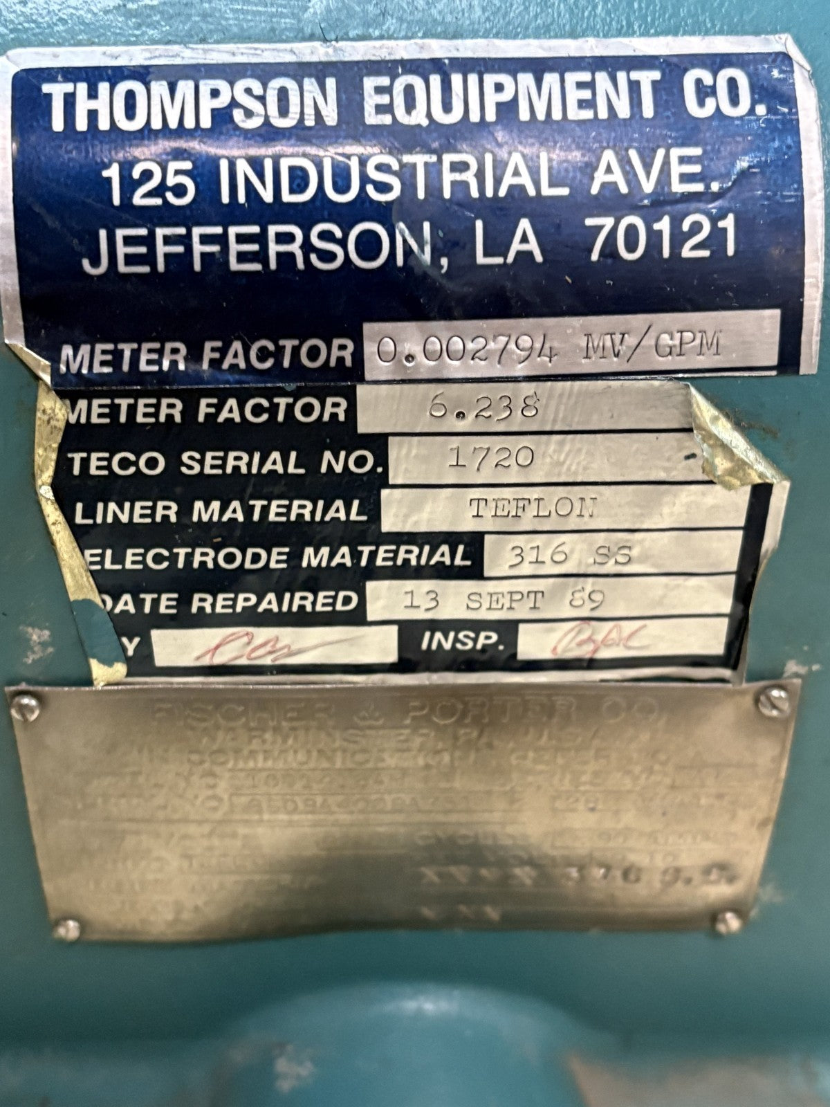 FISHER & PORTER TEFLON MAGNETIC TUBE FLOW METER MODEL 10D1416 AH
