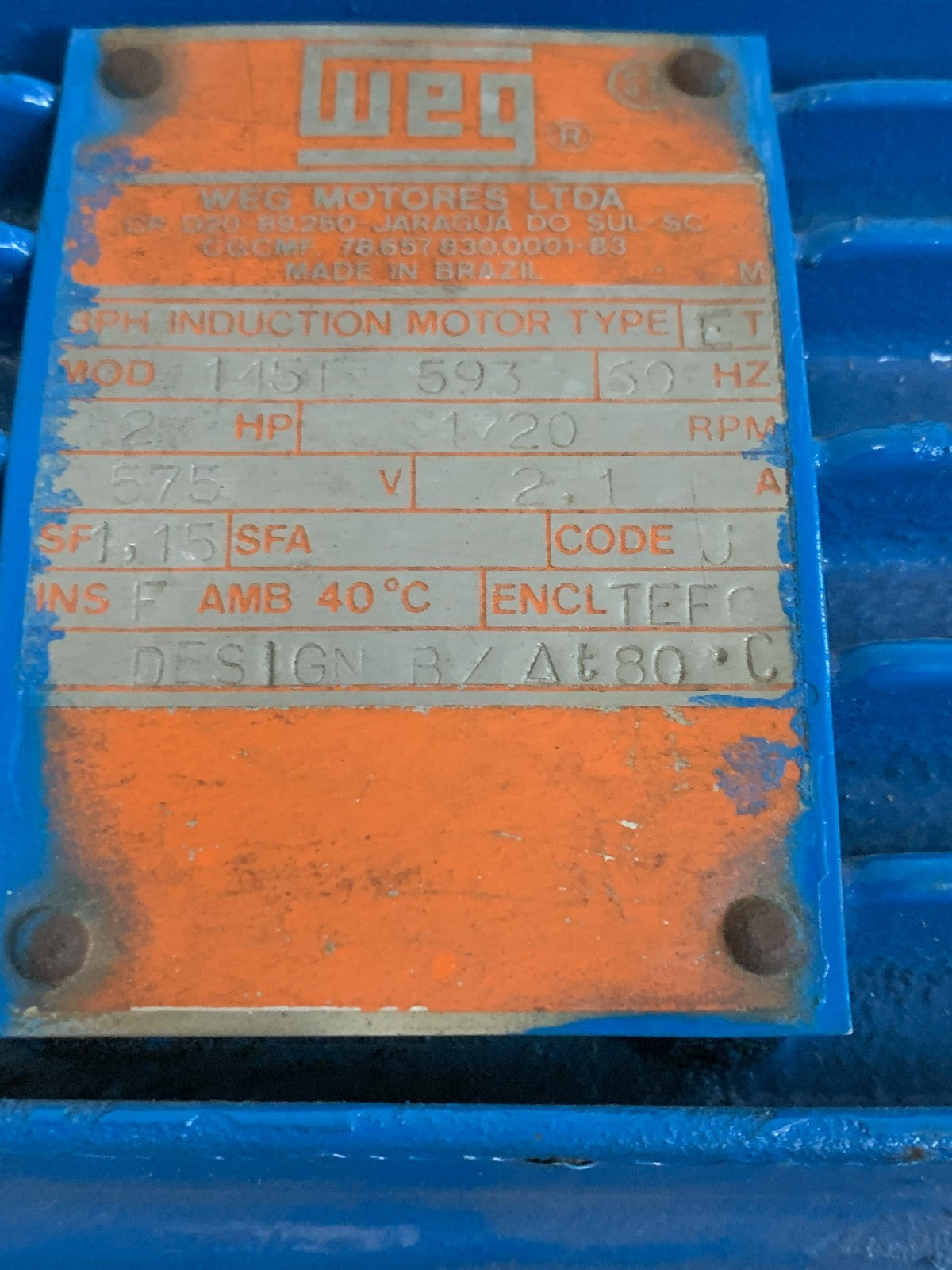 WEG 2 HP INDUCTION MOTOR 1720 MODEL 145T 593
