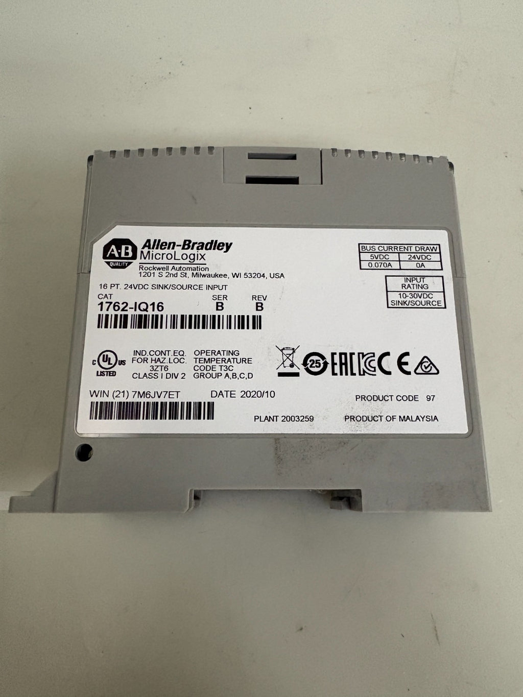 ALLEN BRADLEY MICROLOGIX 16 PT 24VDC SINK/SOURCE INPUT 1762-IQI6 SERB REVB