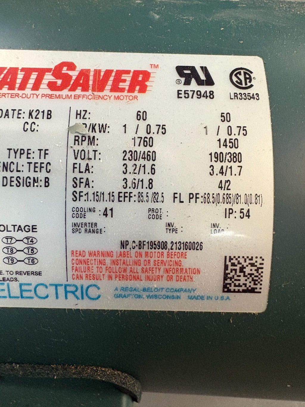 LEESON WATTSAVER 1HP PREMIUM MOTOR MODEL C6T17FC132E CAT #114638.003