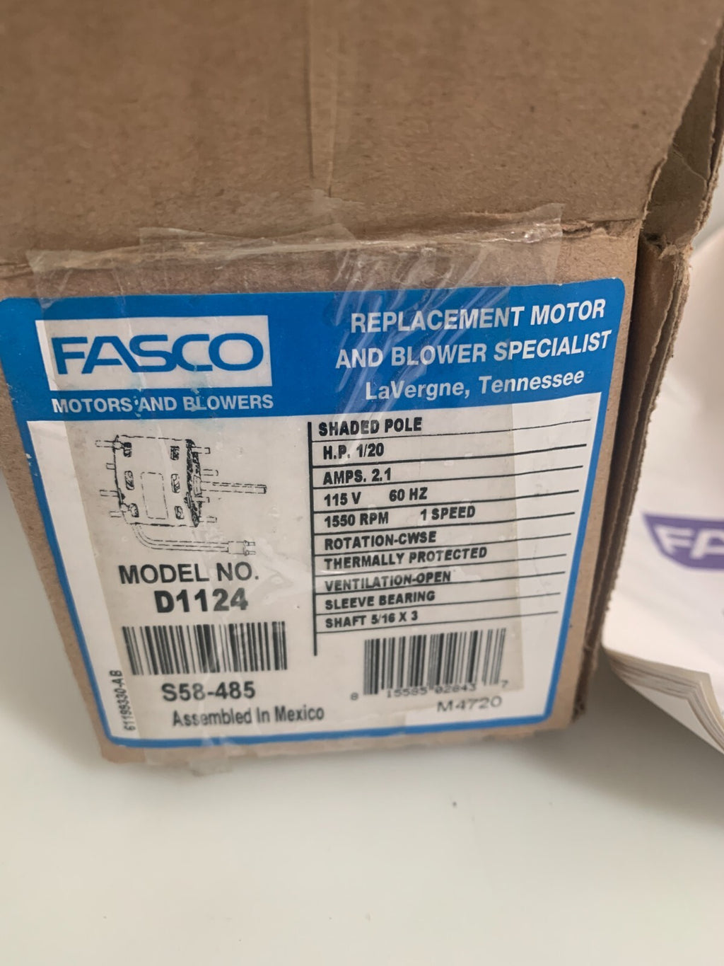 FASCO BLOWER MOTOR HP 1/20 1550 RPM