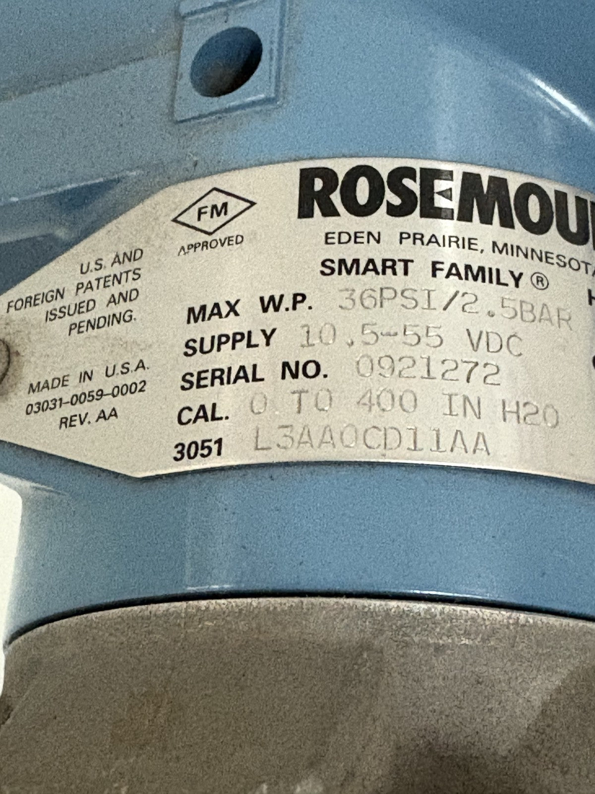 ROSEMOUNT SMART FAMILY PRESSURE TRANSMITTER 3051 L3AA00011AA W/MODULE 030314