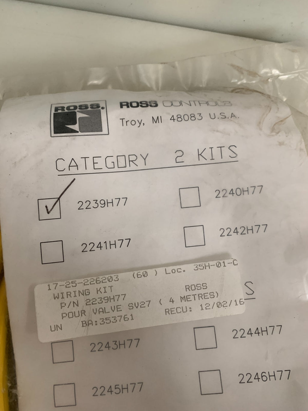 ROSS CONTROLS CATEGORY R CONNECTOR CABLE KIT 2239H77