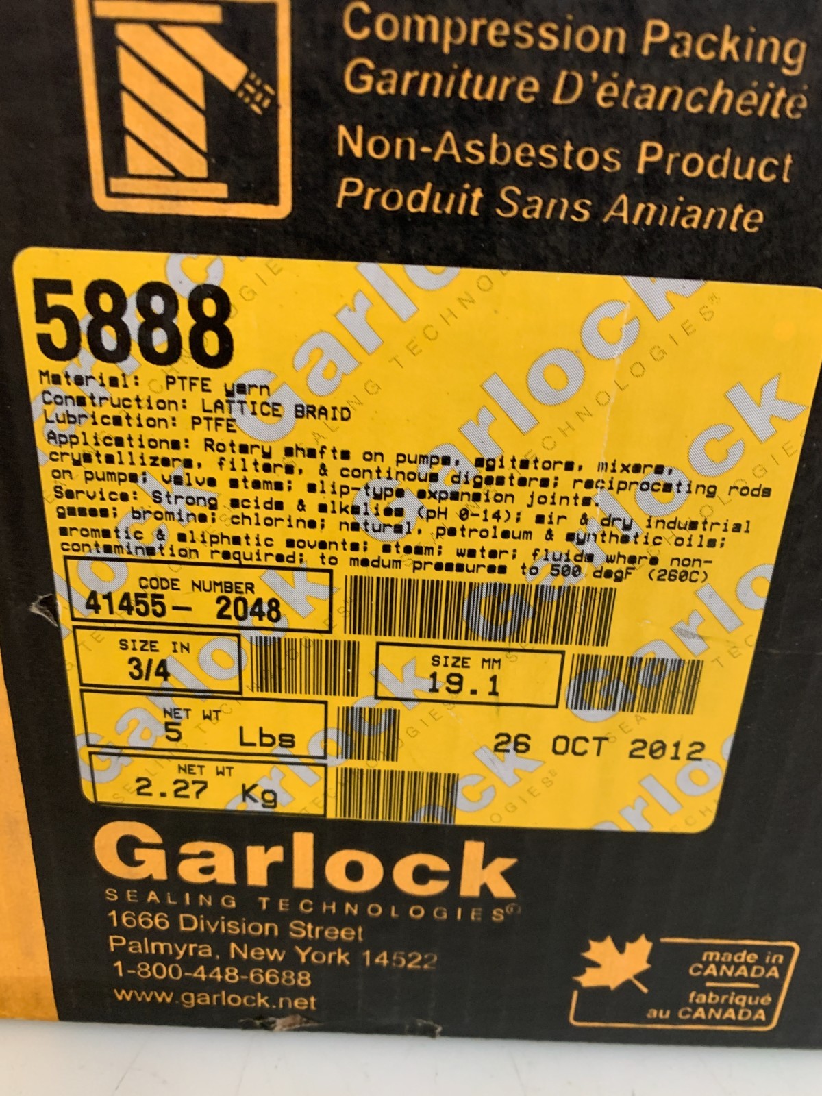 GARLOCK 3/4" 5LBS FLUID SEALING PACKING #58881