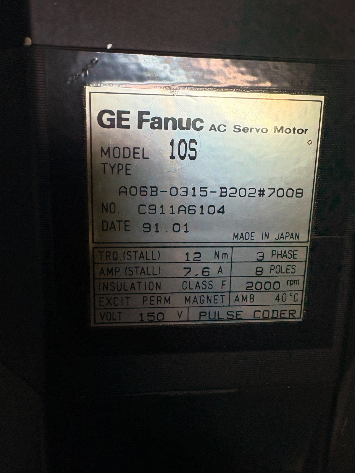GE FANUC AC SERVO MOTOR MODEL 10S A06B-0315-B202 #70082