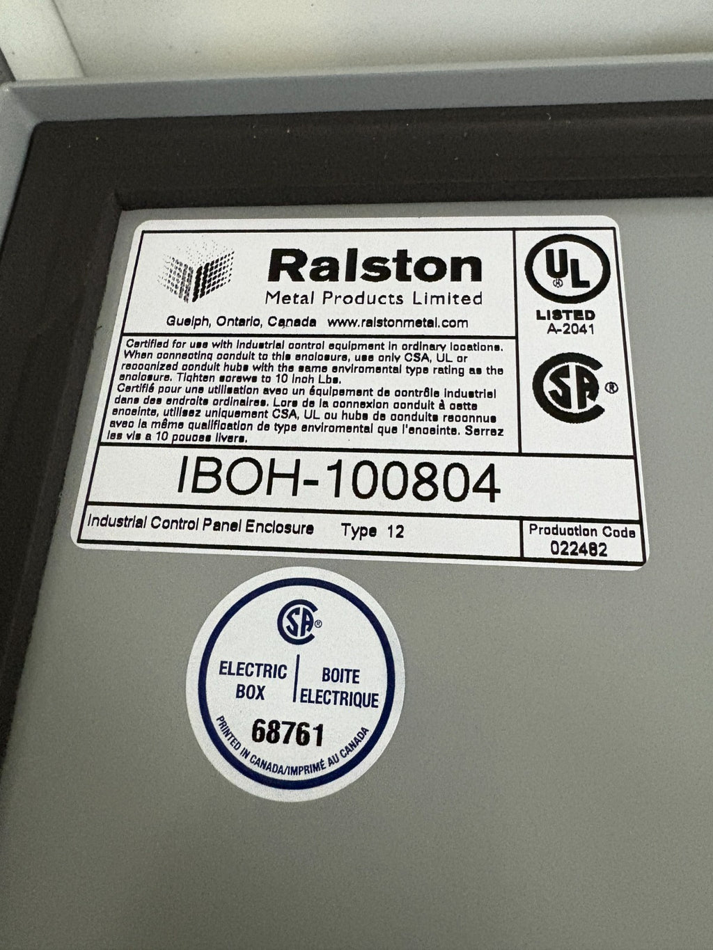 RALSTON OIL-DUST TIGHT ENCLOSURE HINGED COVER IBOH-100804