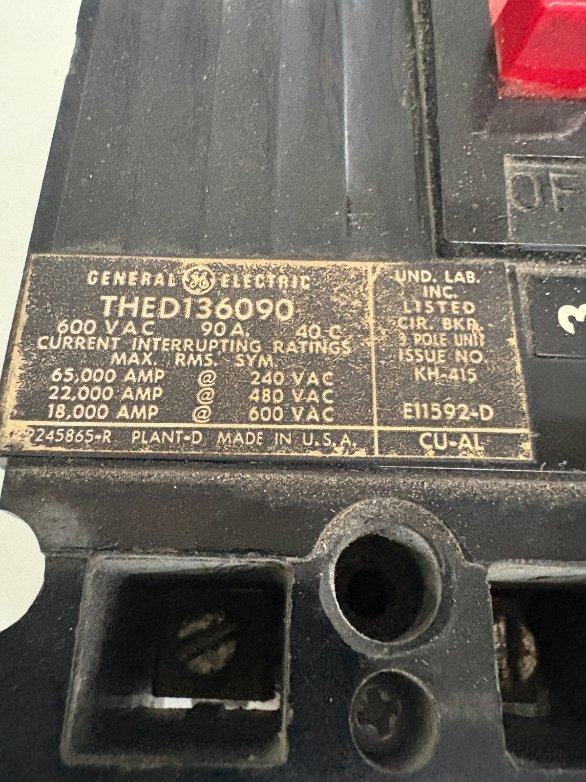 GENERAL ELECTRIC CIRCUIT BREAKER 600V 90 A THED1360901