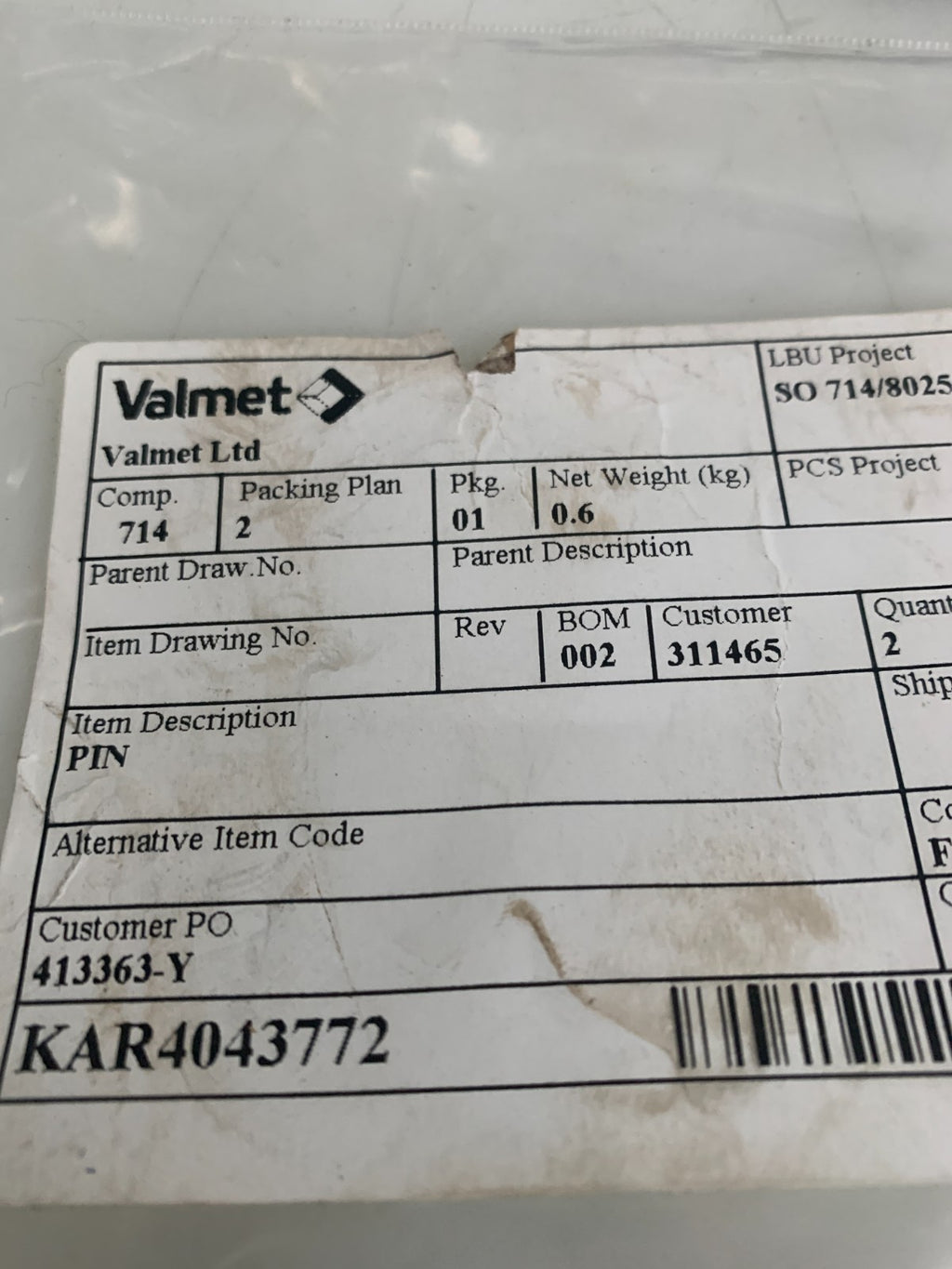 LOT OF 2 VALMET PIN KAR 4043772