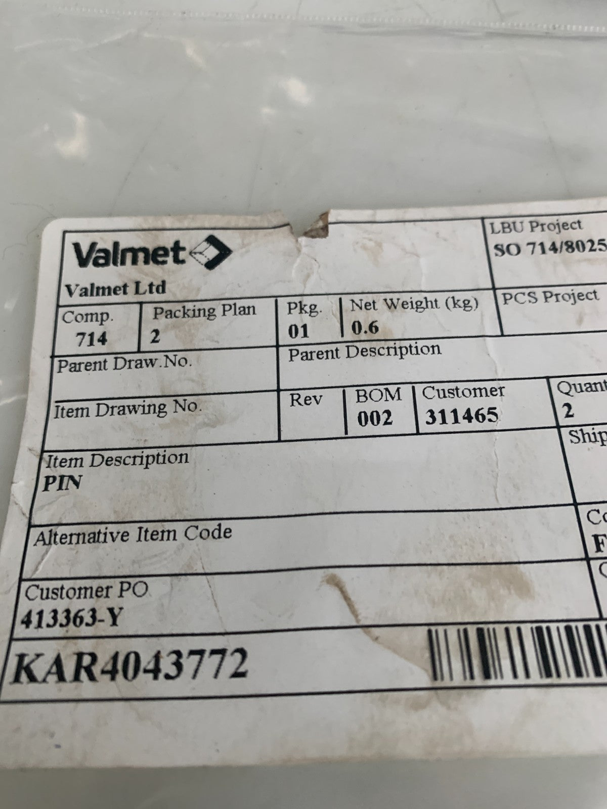 LOT OF 2 VALMET PIN KAR 4043772