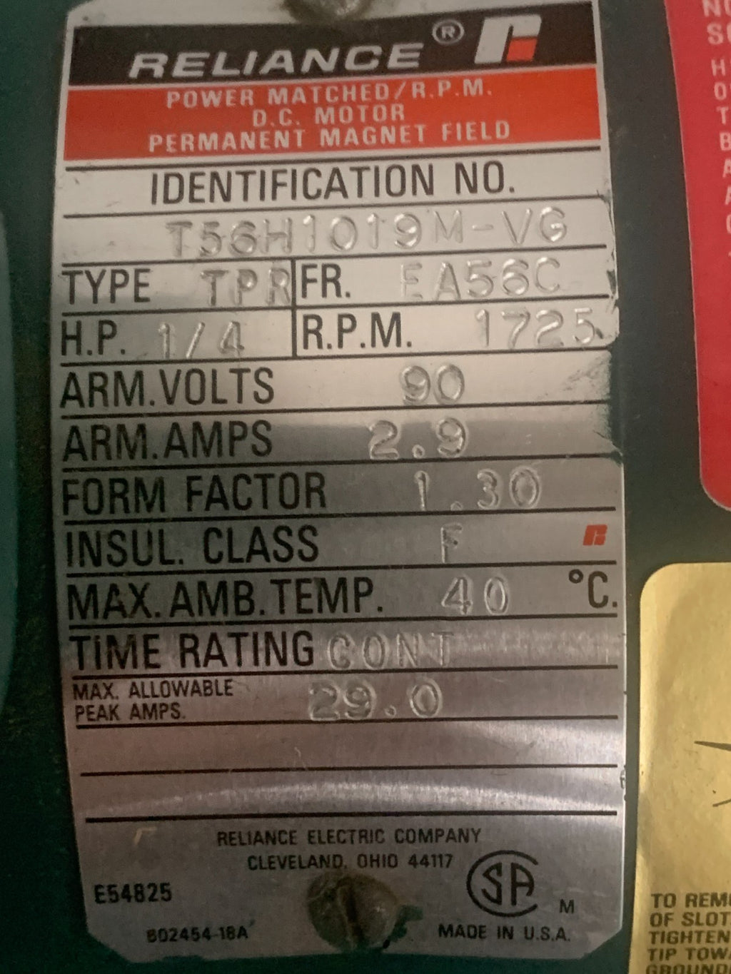 RELIANCE MOTOR PERMANENT MAGNET DC MOTOR 1/4 HP 1725 RPM T56H10198M-VG