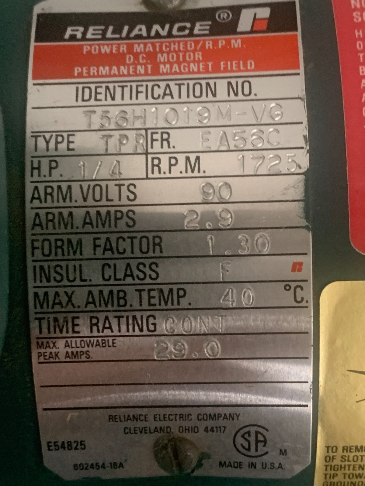 RELIANCE MOTOR PERMANENT MAGNET DC MOTOR 1/4 HP 1725 RPM T56H10198M-VG