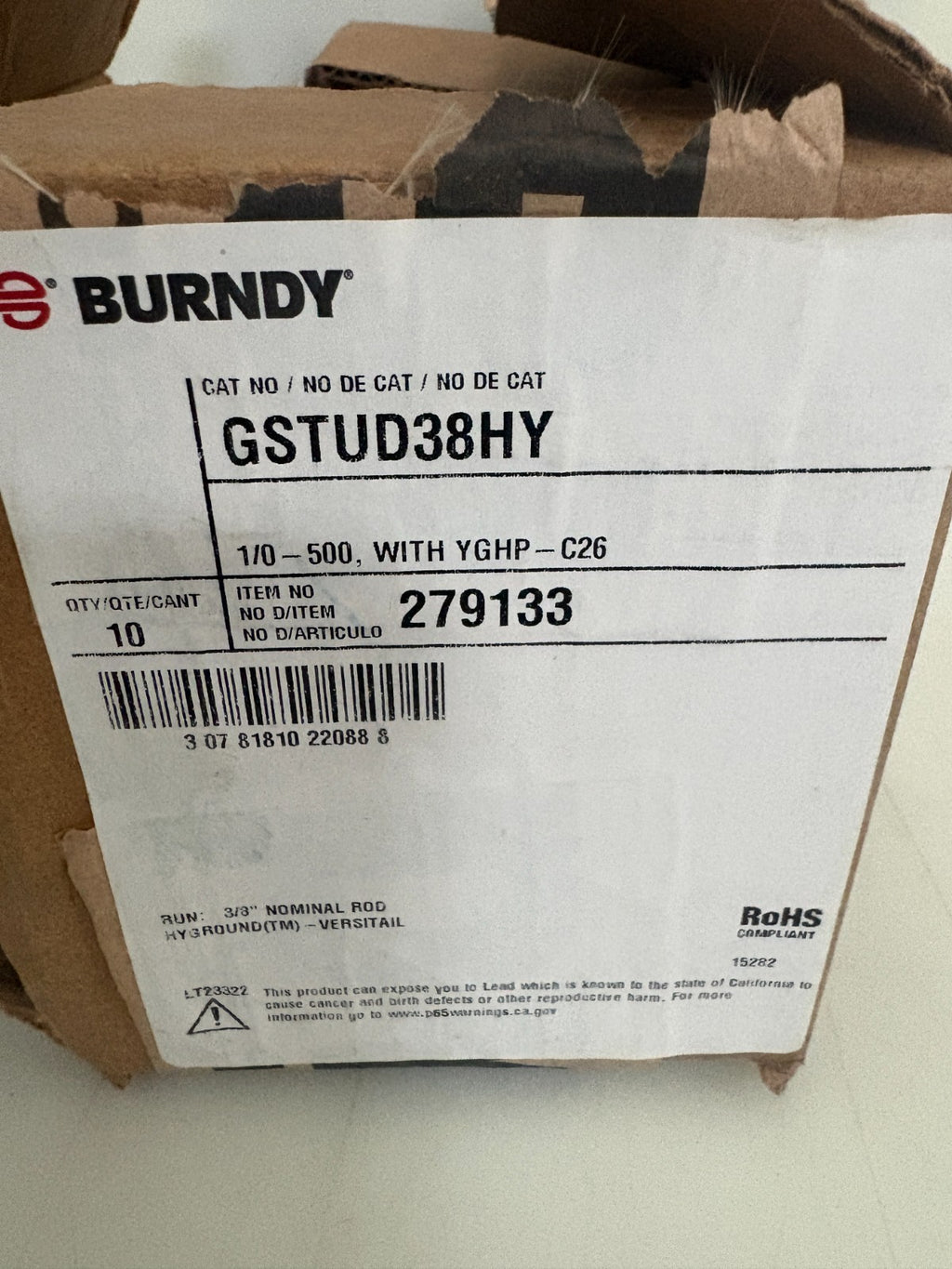 BURNDY 1/0 - 500 WITH YGHP-C26 #GSTUD38HY  10 IN BOX2