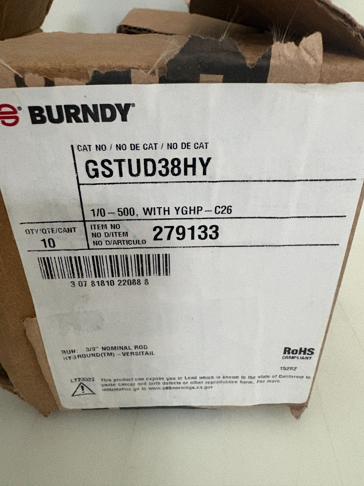 BURNDY 1/0 - 500 WITH YGHP-C26 #GSTUD38HY  10 IN BOX2