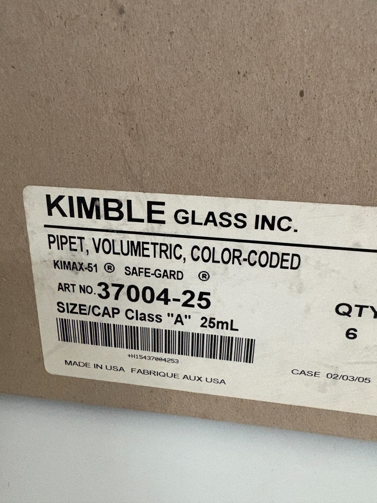 KIMBLE GLASS MIX LOT 6X20ML AND 6X25ML VOLUMETRIC PIPET 37004-20 37004-25