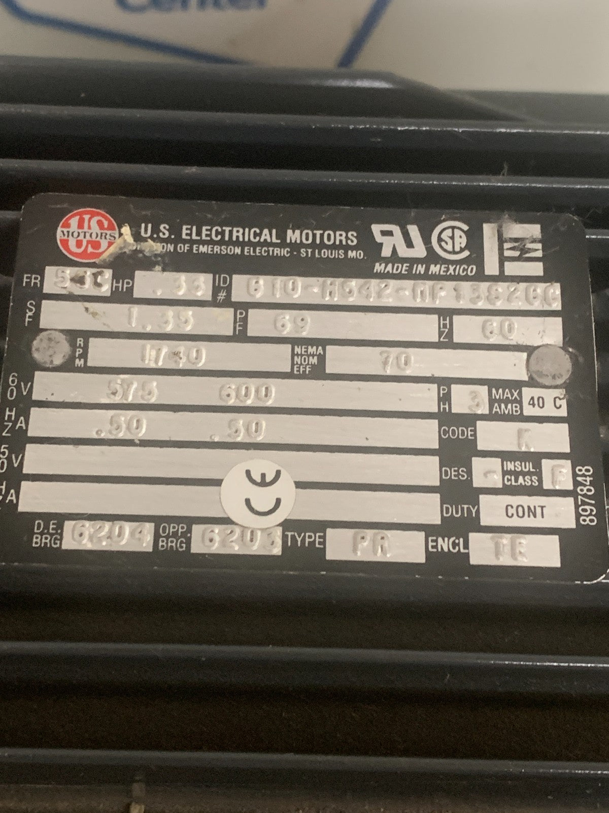 U.S MOTORS 3 PHASE 1/3 HP G10-H542-MP13S260