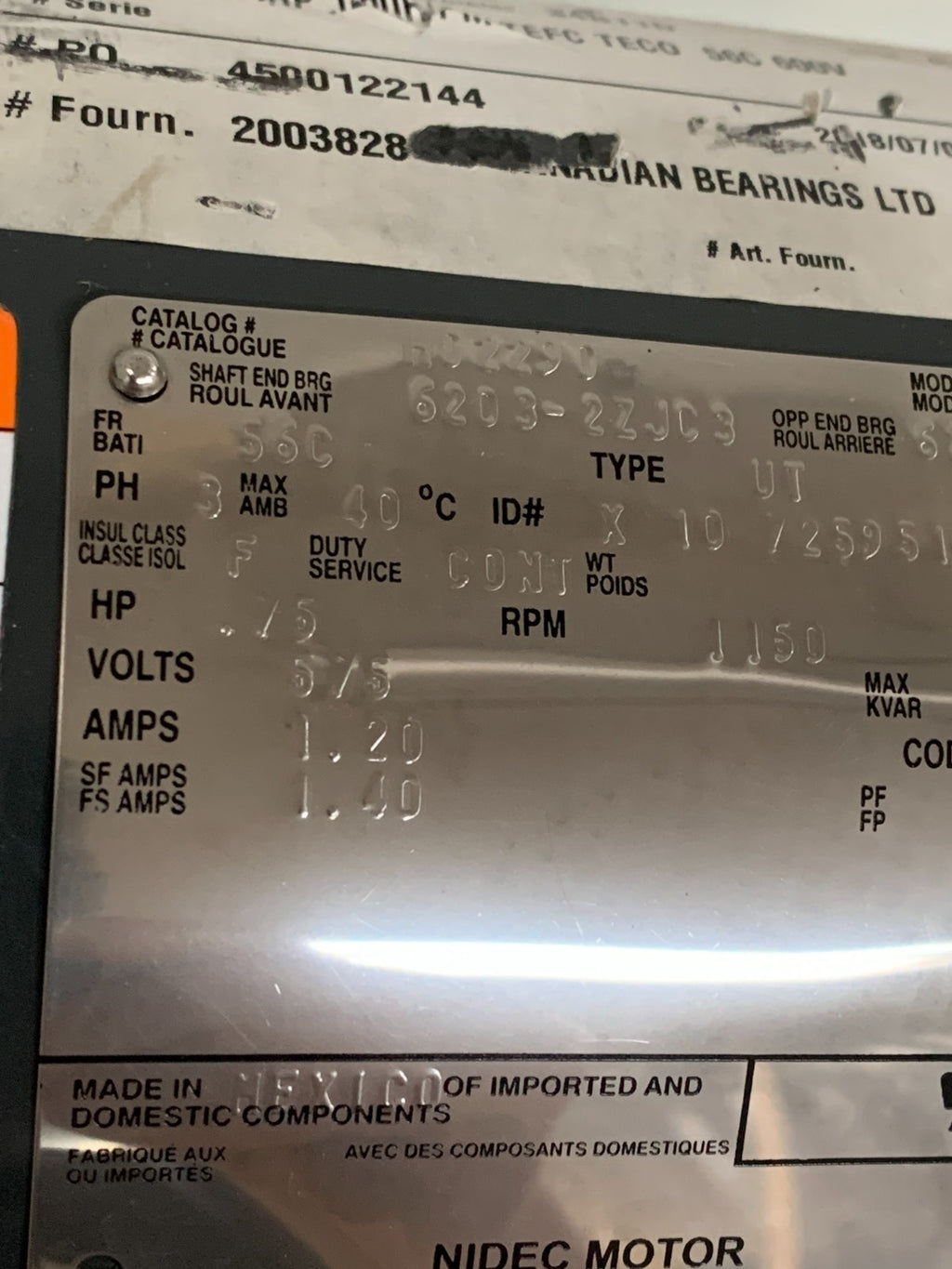 US MOTORS 3/4 HP 1200 RPM #H02290