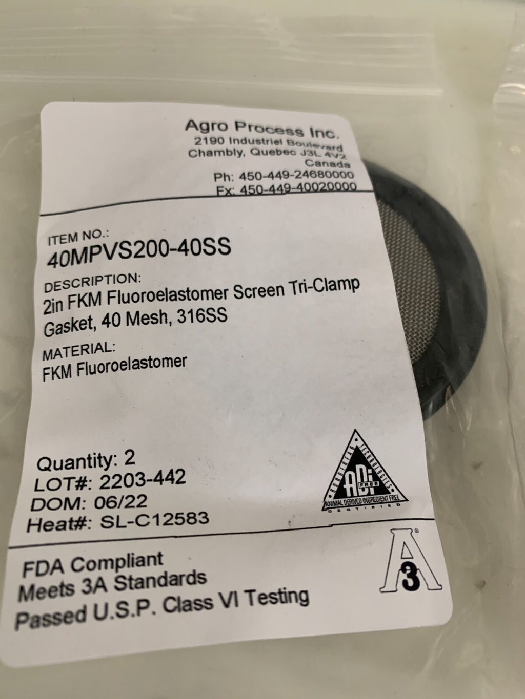 LOT OF 5  WIRE CARE 2" FKM SCREEN TRI CLAMP GASKET 40 MESH 40MPVS200-40SS2
