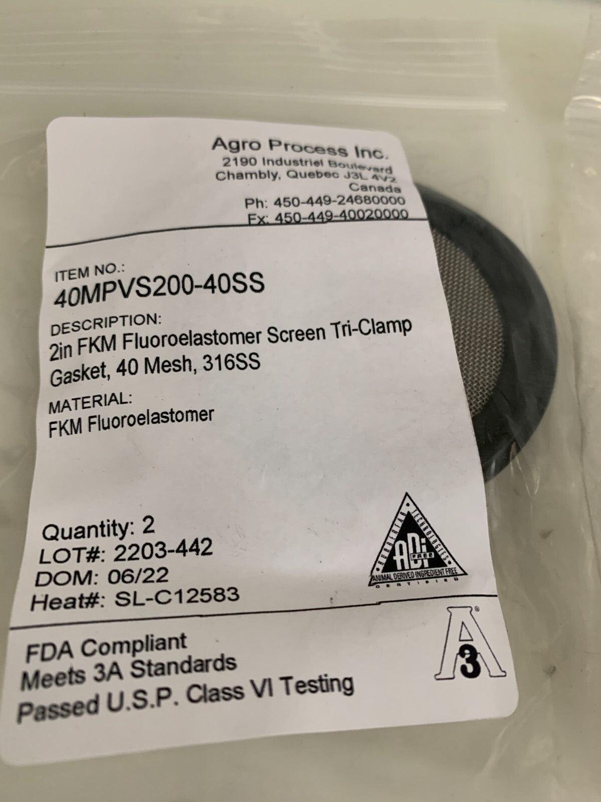 LOT OF 5  WIRE CARE 2" FKM SCREEN TRI CLAMP GASKET 40 MESH 40MPVS200-40SS2