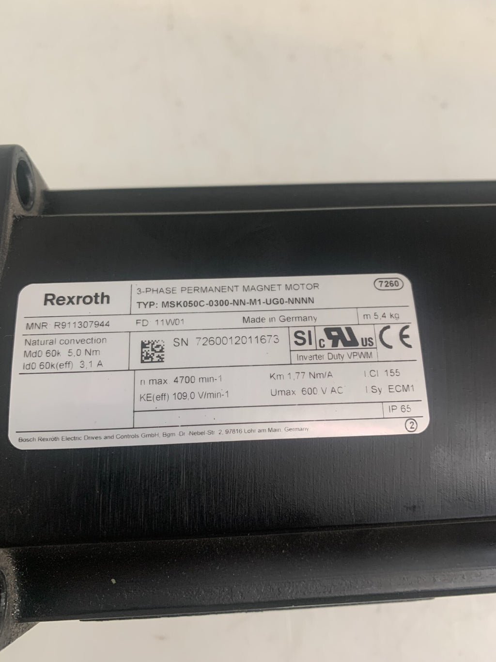 REXROTH 3-PHASE PERMANENT MAGNETIC MOTOR MSK050C-0300-NN-M1-UG0-NNNN1