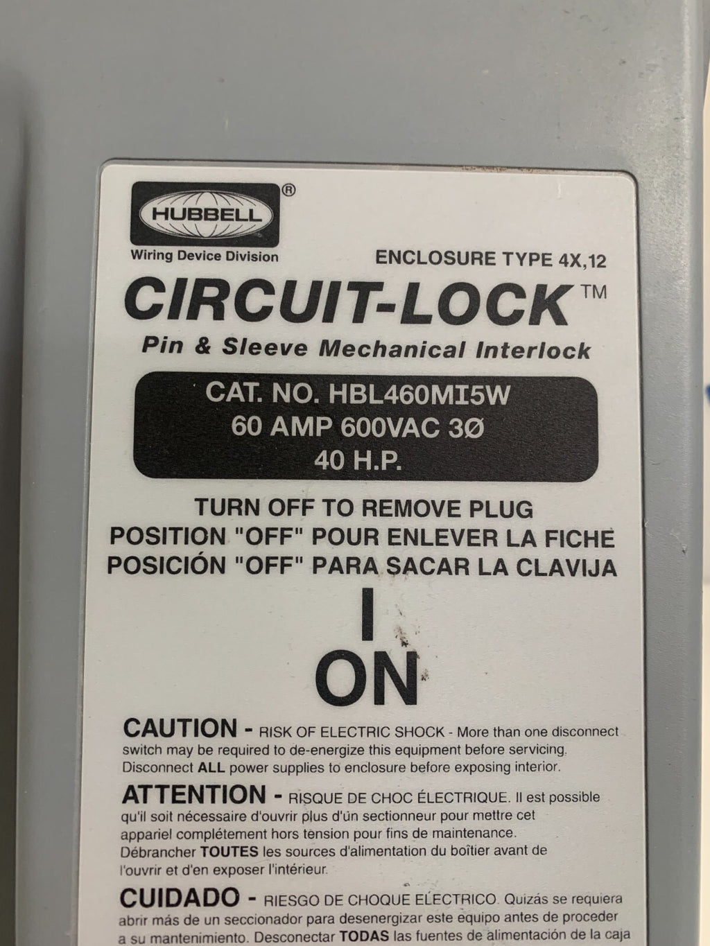 HUBBELL CIRCUIT-LOCK MECHANICAL INTERLOCK 60 AMP 40 HP  HBL460 MI5W