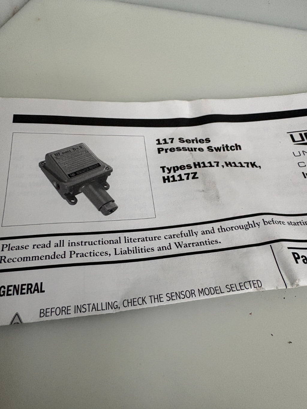 UNITED ELECTRIC SERIES 117 DIV 2 PRESSURE SWITCH H117-218