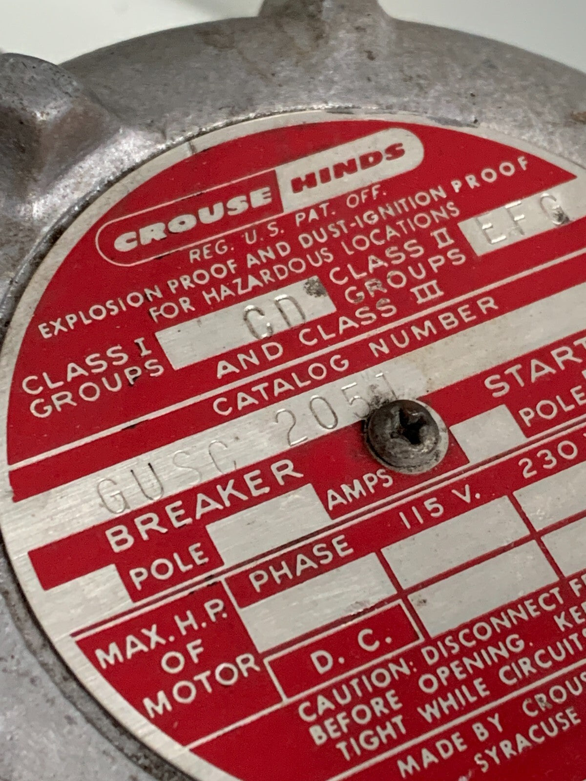 CROUSE HINDS EXPLOSION PROOF BREAKER STARTER GUSC 20511