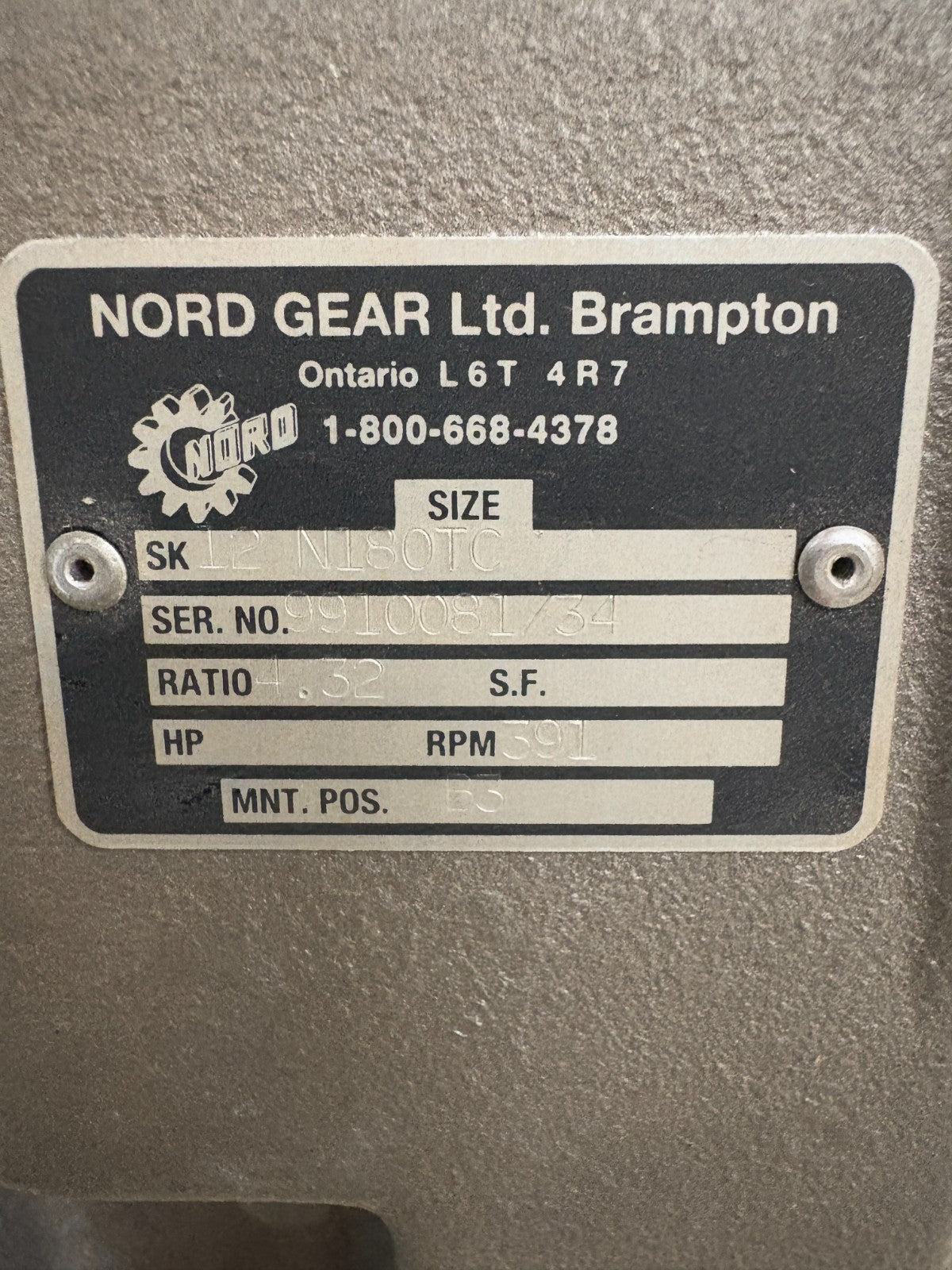 NORD DRIVESYSTEMS GEAR REDUCTION MOTOR SK 12 N180TC RATIO 4.32  391 RPM