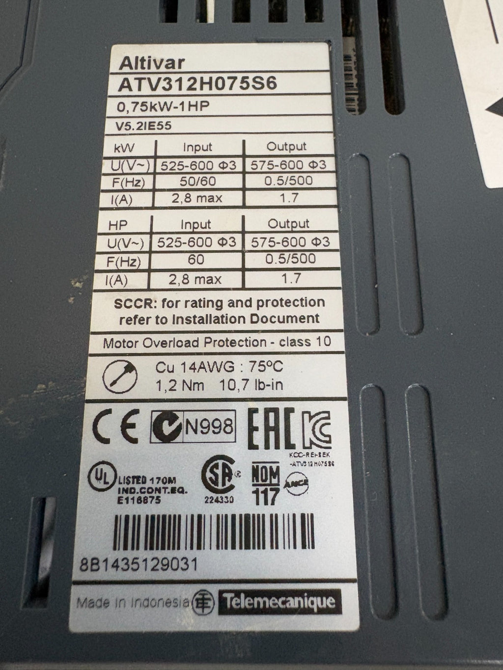 SCHNEIDER ELECTRIC 1 HP MOTOR DRIVE ATV 312 H075S63