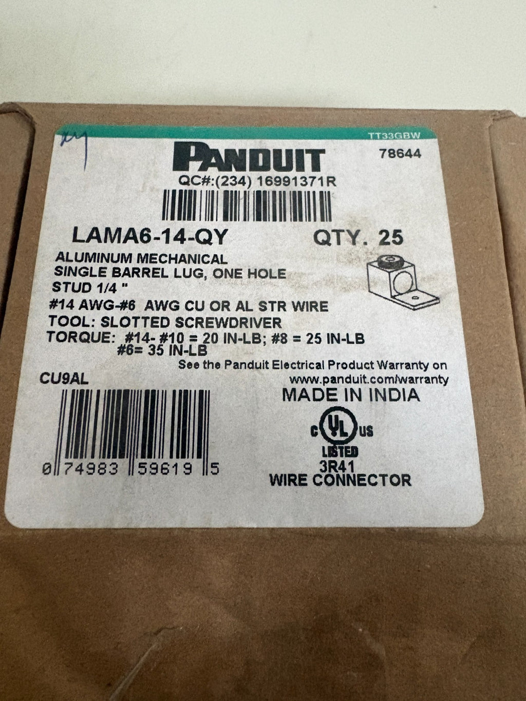 LOT OF 3 PANDUIT TERMINAL CONNECTOR RECTANGULAR LUG LAMA6-14-QY  25 IN BOX3