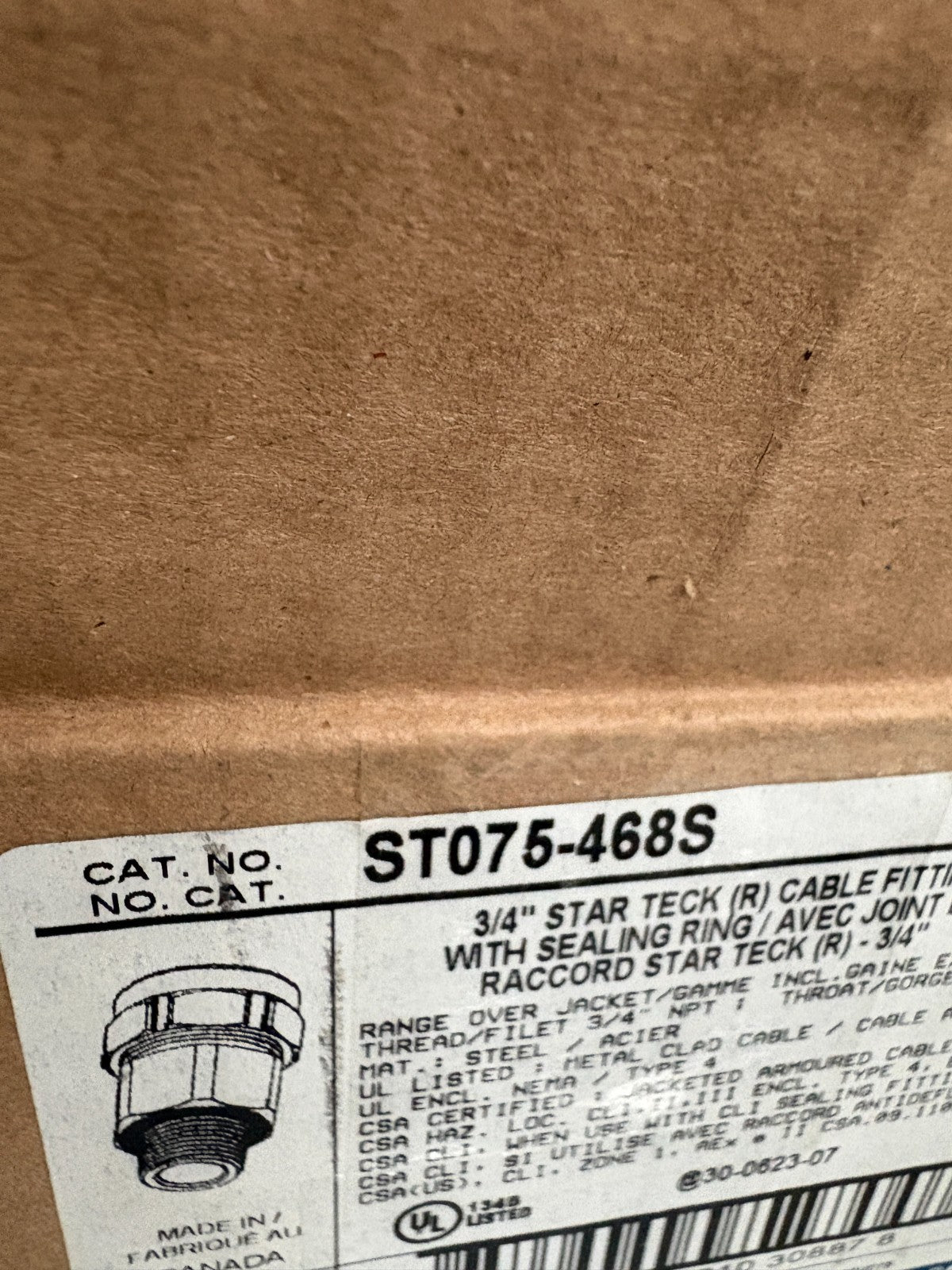 LOT OF 5 THOMAS & BETTS 3/4 STARTECK CABLE FITTING W/SEALING RING ST075-468S3