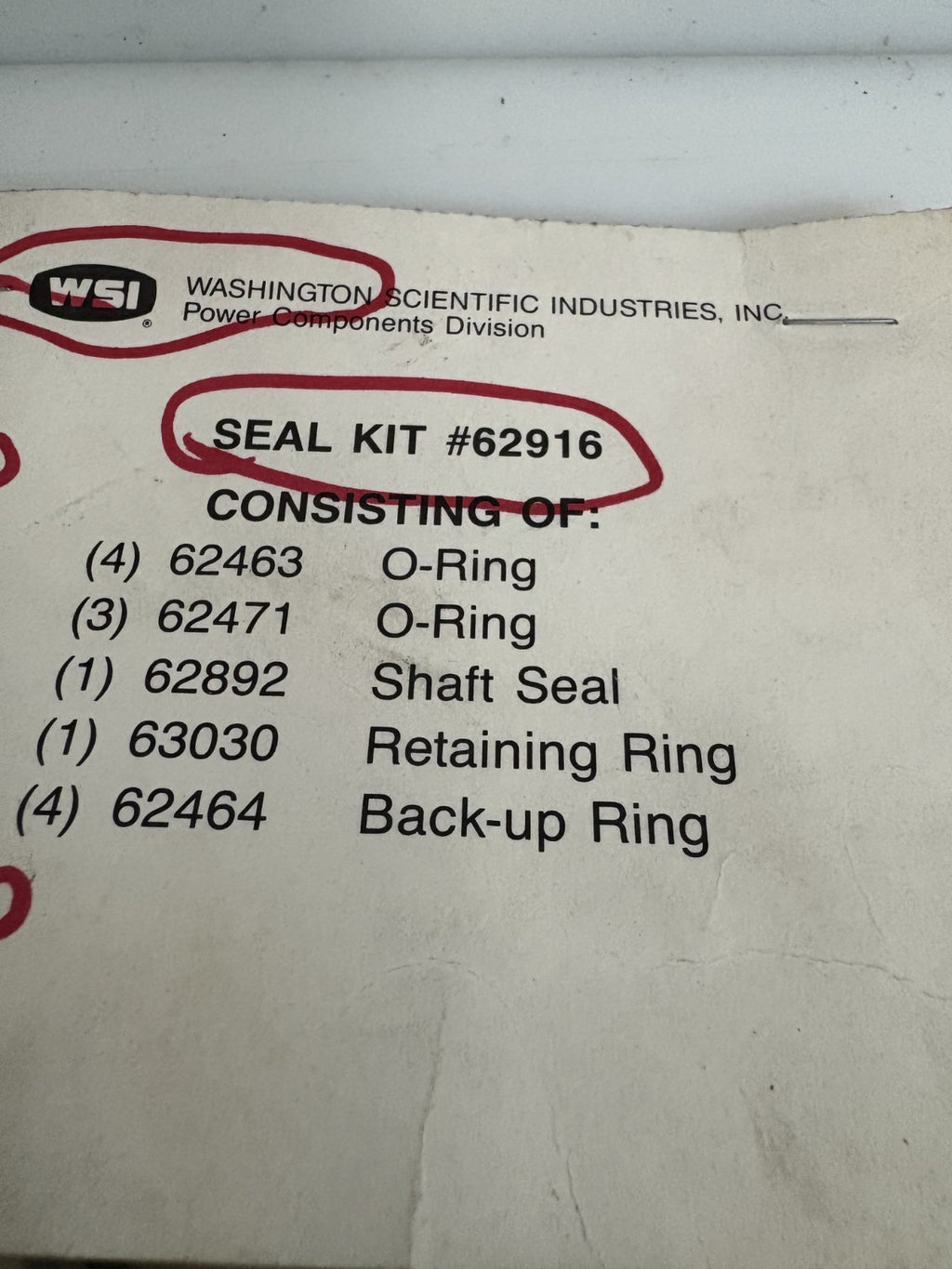 WSI WASHINGTON SCIENTIFIC IND. SEAL KIT 629161
