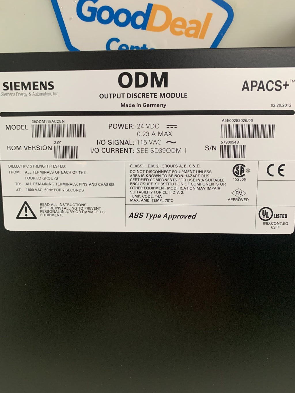 SIEMENS  APACS+  ODM  Output Discrete Module  390DM115ACCBN