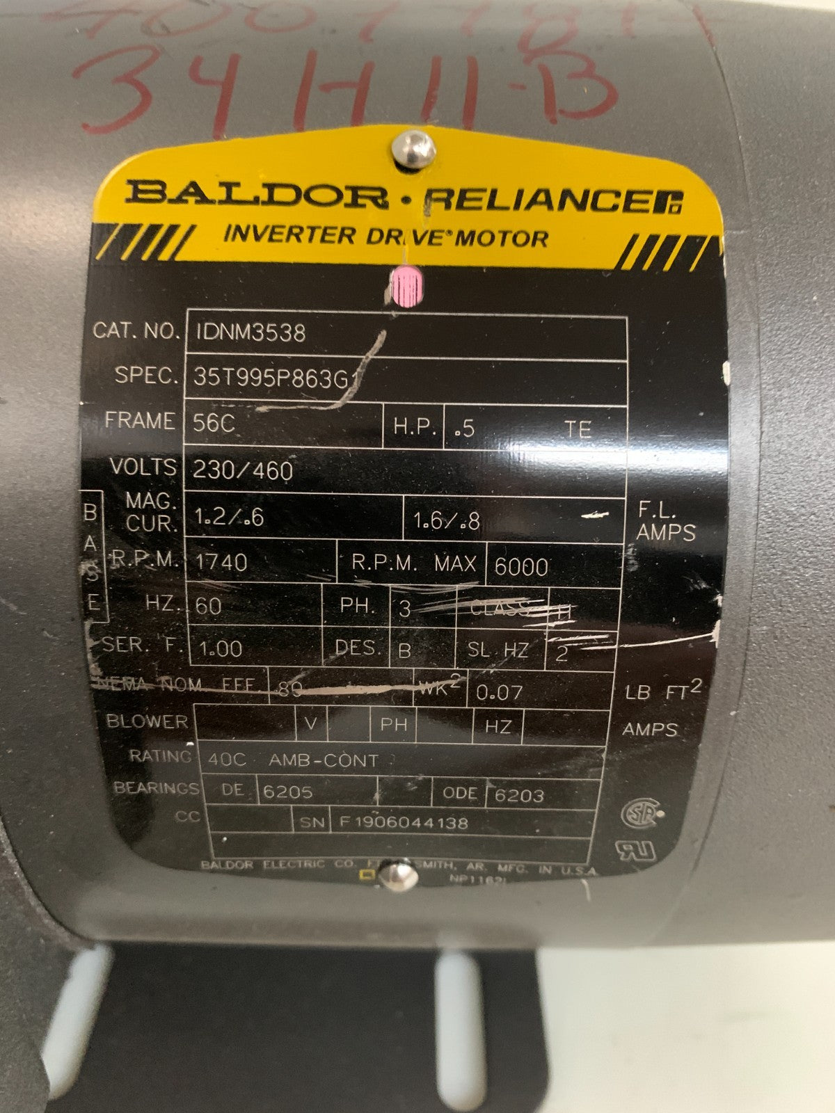 BALDOR RELIANCE INVERTER DRIVE MOTOR .5 HP 1740 RPM CAT IDNM35381