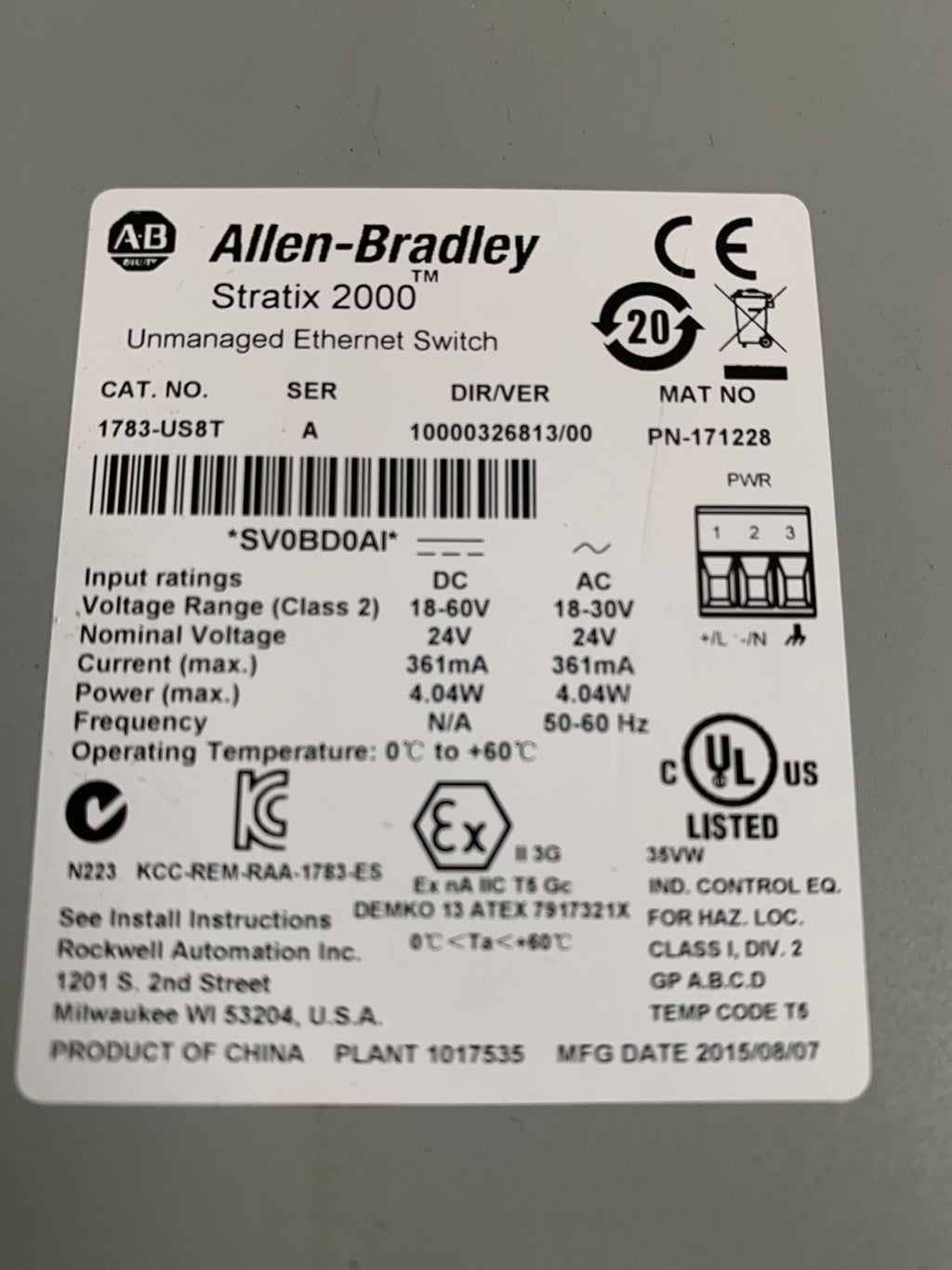 ALLEN BRADLEY  /  Stratix 2000  Unmanaged Ethernet Switch  1783-US8T