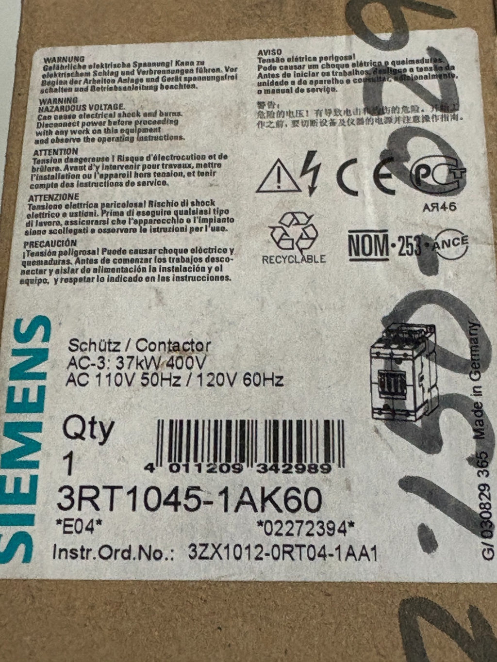 SIEMENS CONTACTOR 3RT1045-1AK60