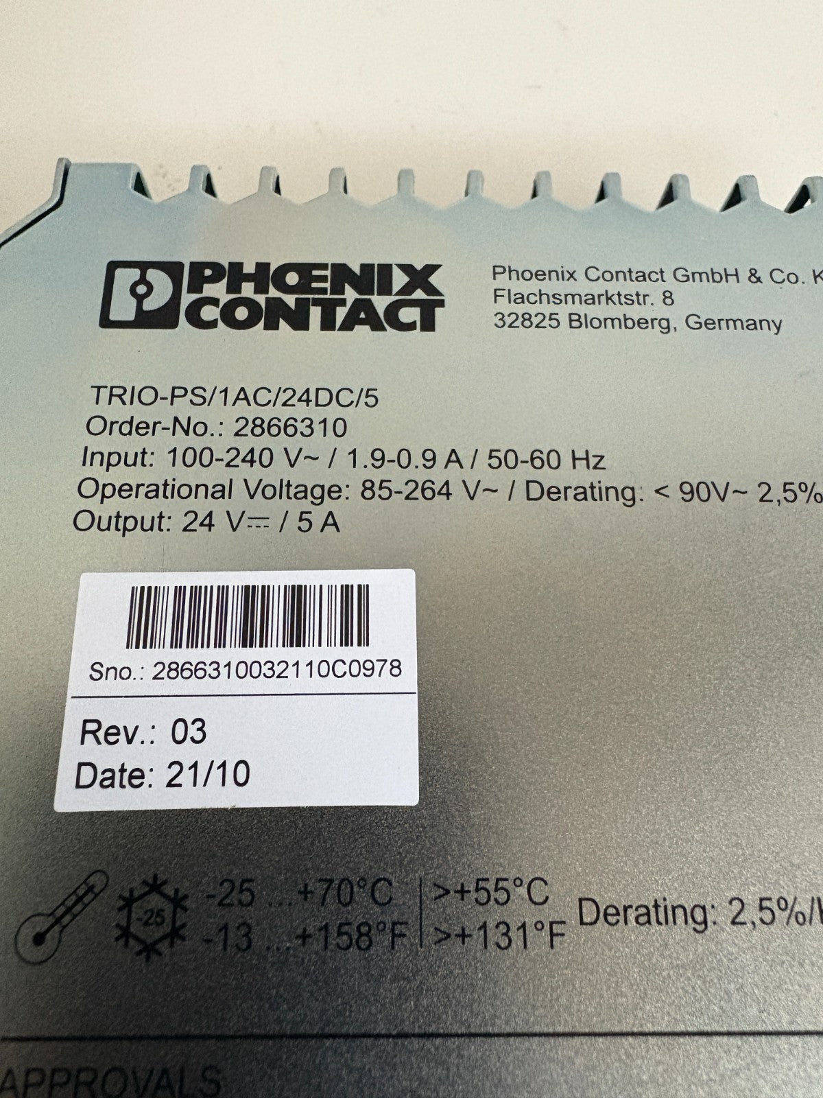 PHOENIX CONTACT TRIO POWER SUPPLY TRIO-PS/1AC/24DC/5