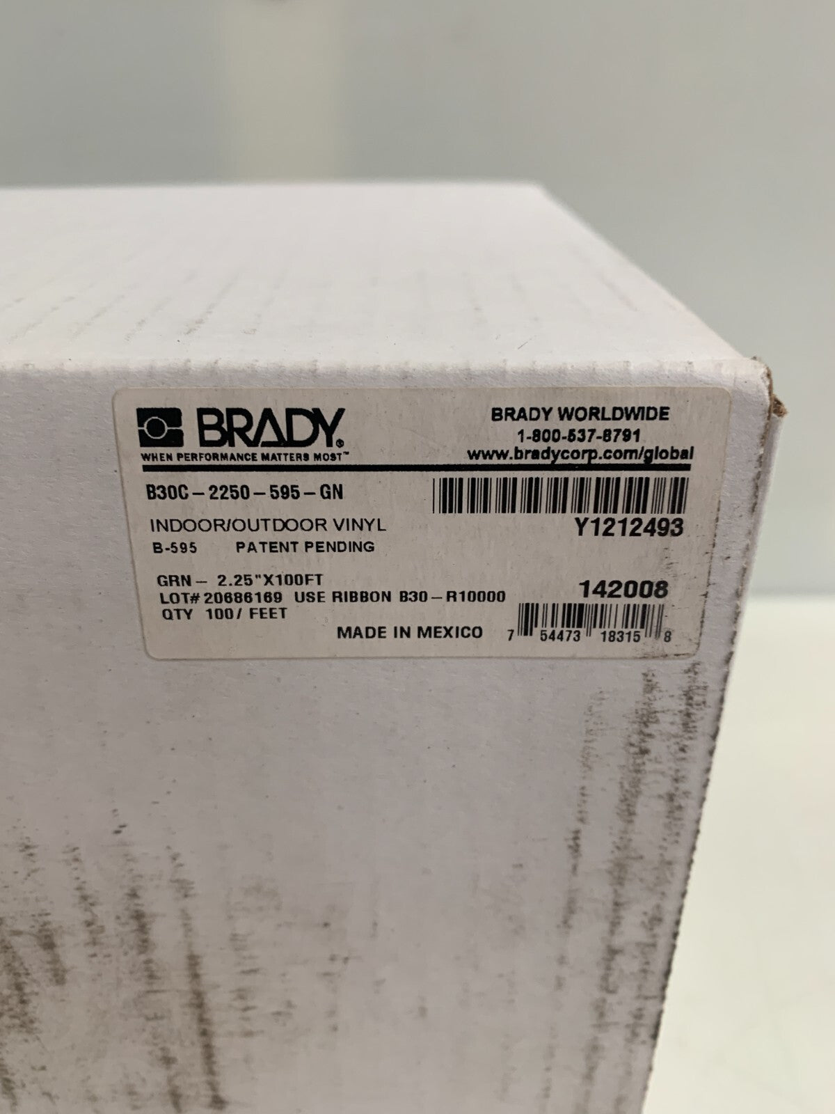 BRADY 2.25" X 100 FT B30-2250-595-GN GREEN RIBBON CARTRIDGE