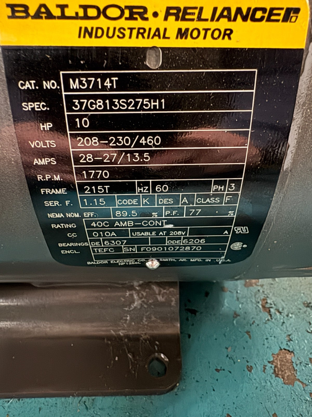 BALDOR RELIANCE IND. MOTOR 10HP M3714T SPEC 37GB13S275H1