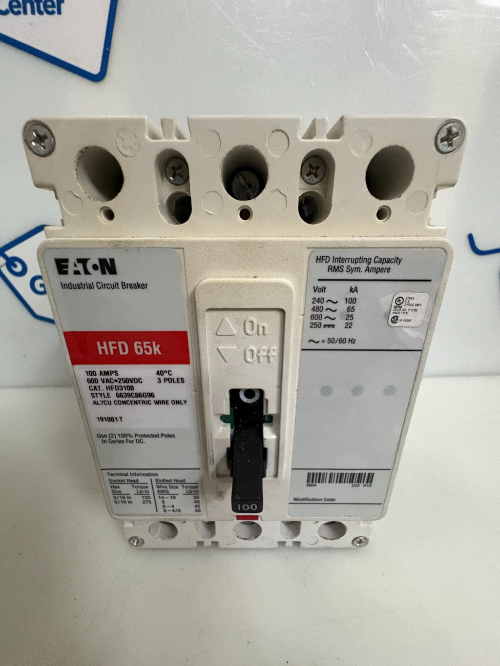 EATON 100 AMP CIRCUIT BREAKER HFD 65K HFD3100