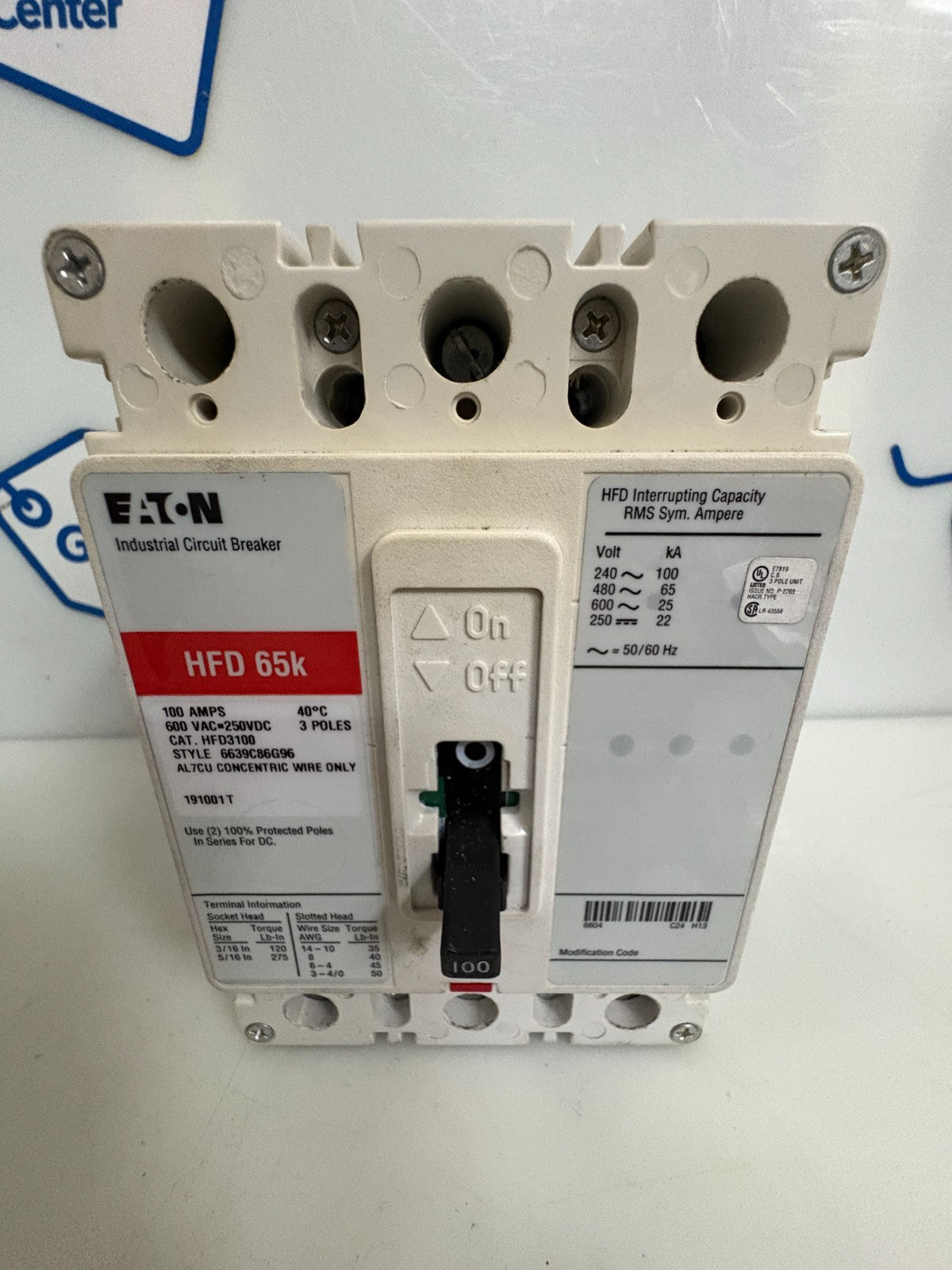 EATON 100 AMP CIRCUIT BREAKER HFD 65K HFD3100