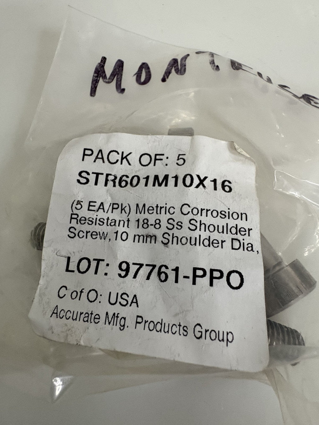 ACCURATE MFG STR601M10X16 SHOULDER SCREW PACK OF 5