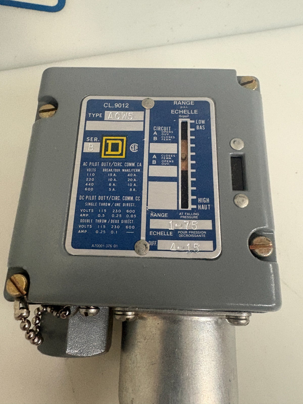 SQUARE D PRESSURE SWITCH SER B CL9012 ACW5 1