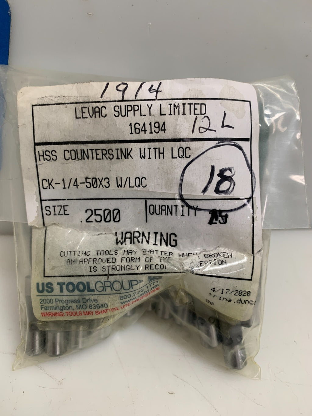 Lot of 18 US ToolGroup HSS Countersink with LQC CK-1/4-50X3 LQC .2500 Size