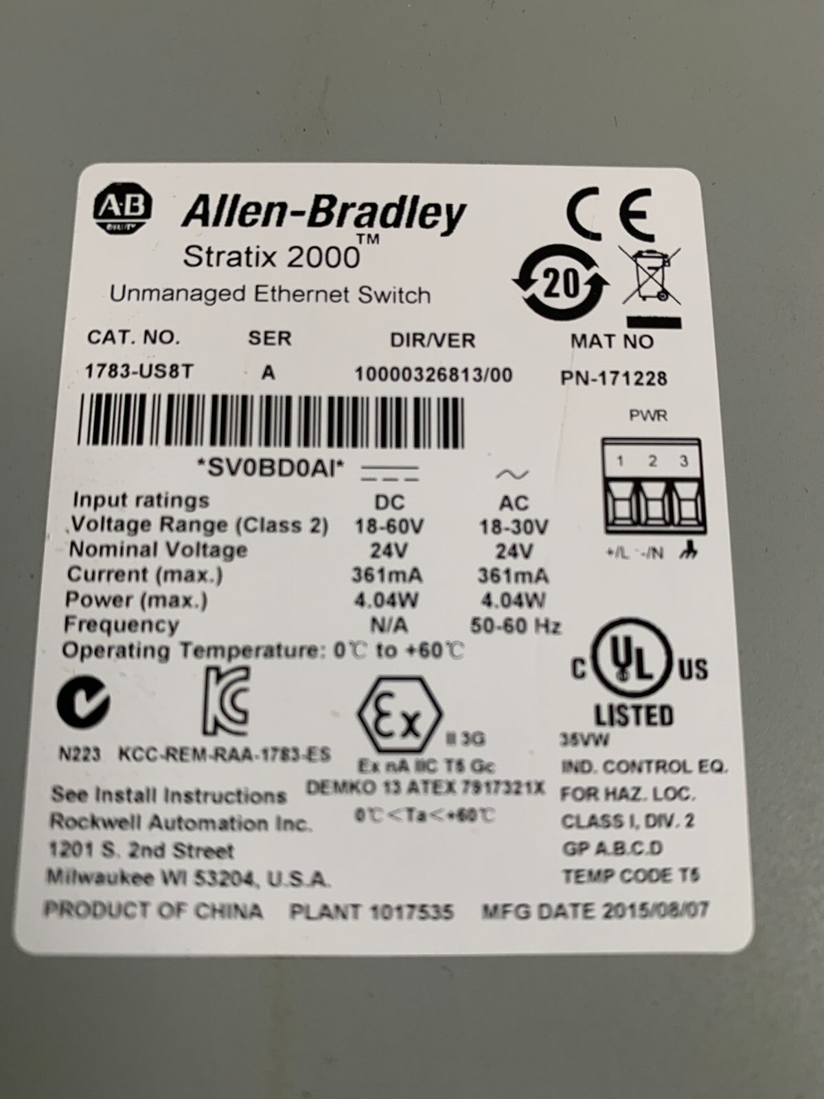ALLEN BRADLEY  /  Stratix 2000  Unmanaged Ethernet Switch  1783-US8T2