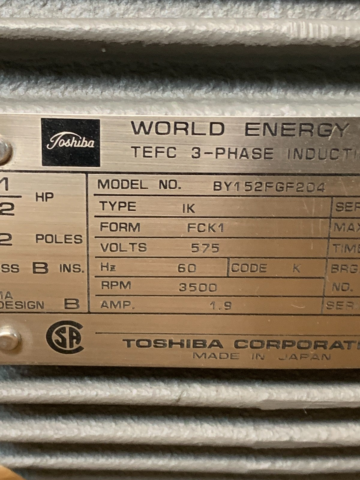 TOSHIBA WORLD ENERGY SERIES 3 PHASE INDUCTION MOTOR 1.5HP #BY152FGF204