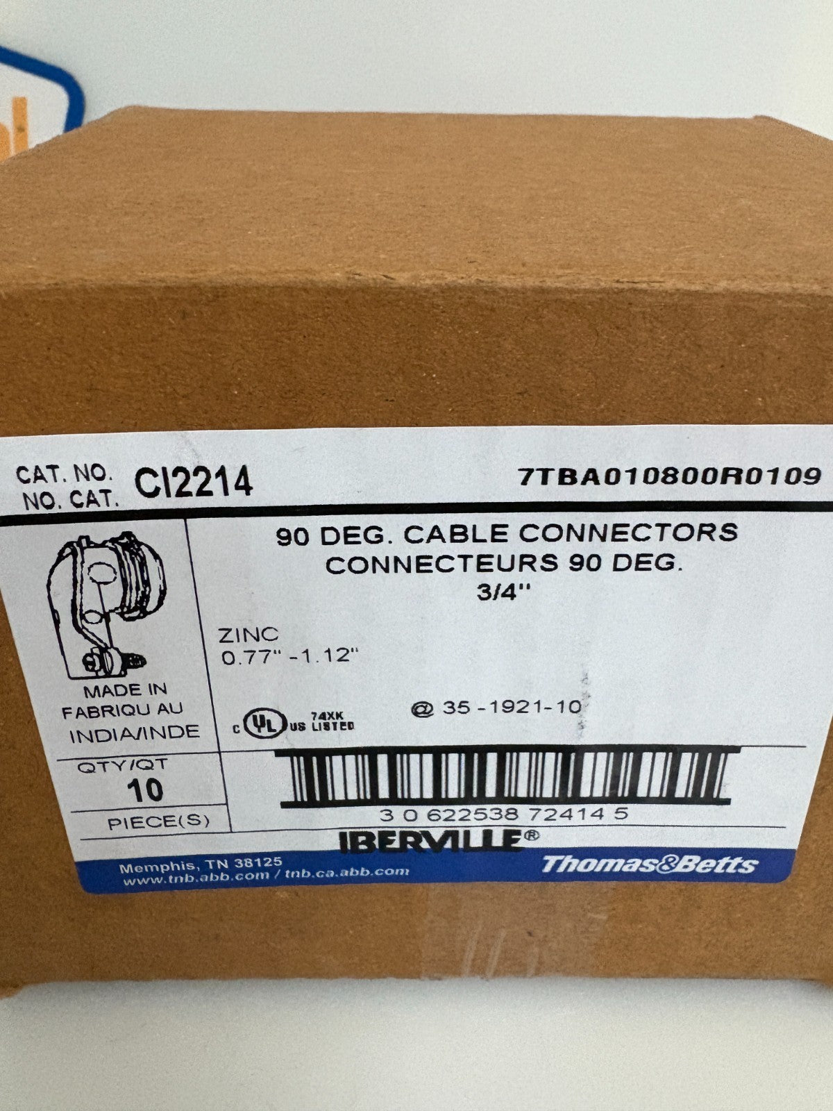 THOMAS BETTS 90 DEG CABLE CONNECTORS CI2214 10 PER BOX