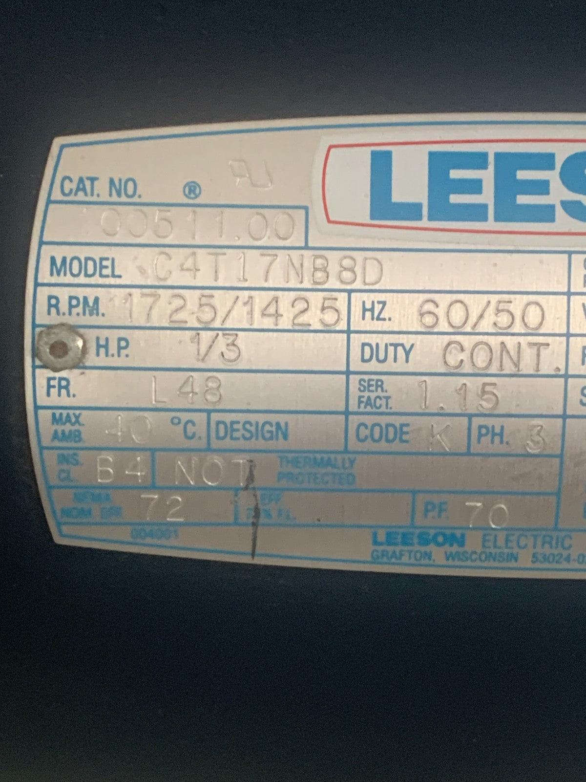 LEESON 1/3 HP MOTOR 1725/1425 RPM CAT#100511.00 MODEL C4T17NB8D