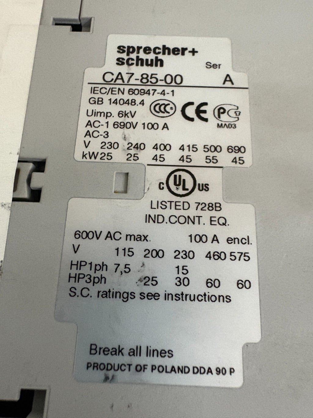 SPRECHER & SCHUH 24V CONTACTOR RELAY CA7-85-00 SER A