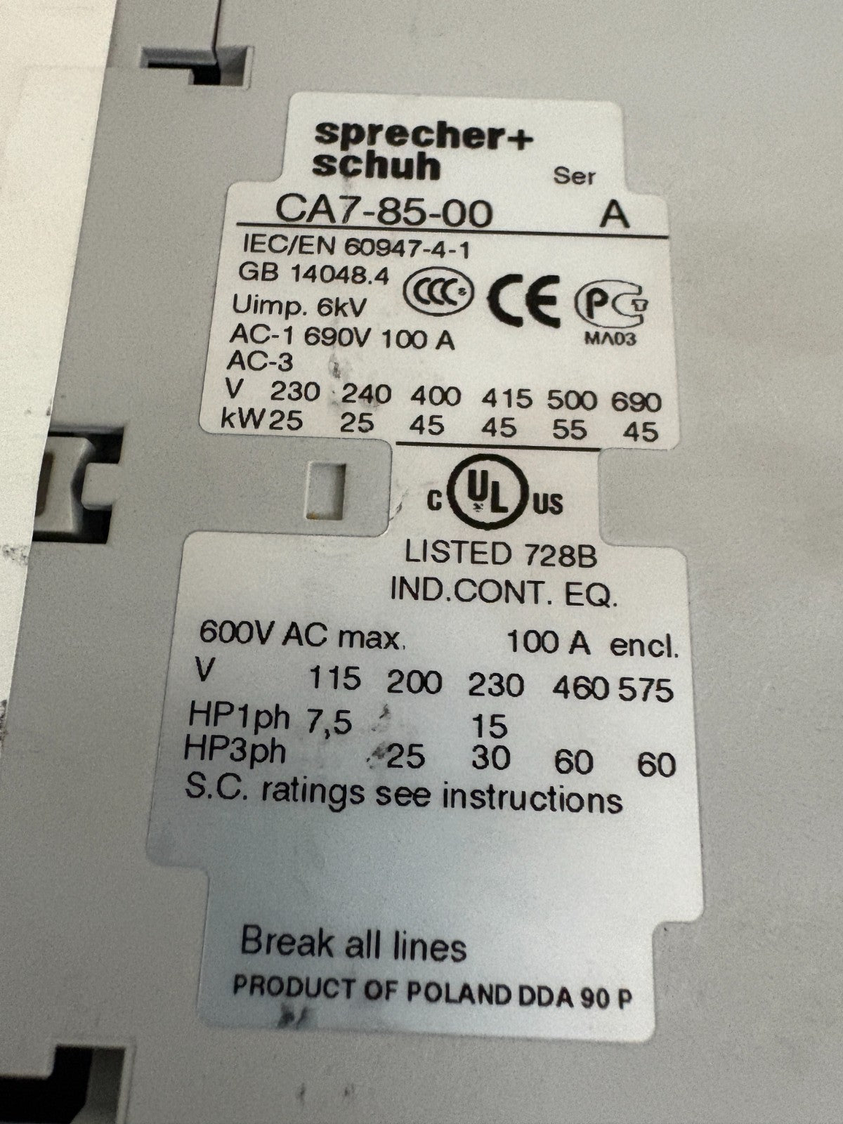 SPRECHER & SCHUH 24V CONTACTOR RELAY CA7-85-00 SER A